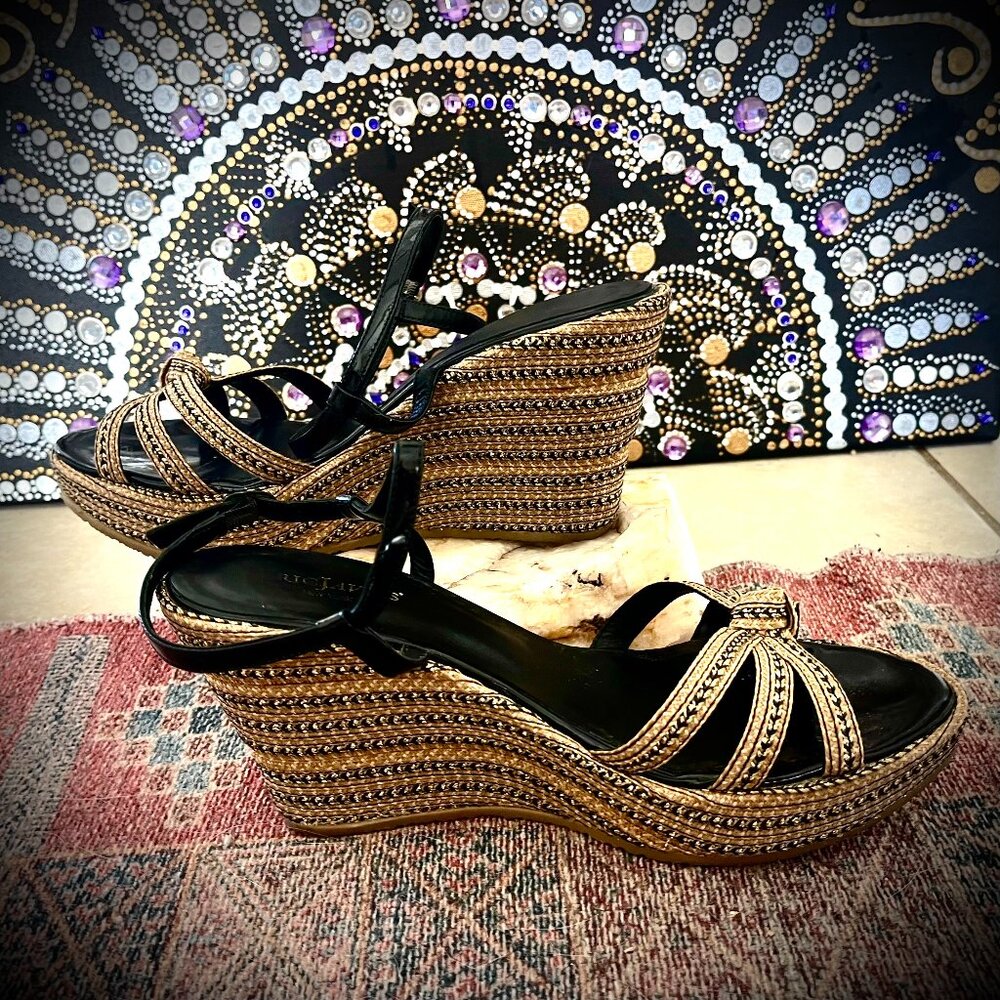 Eric Javits Women’s 10 Edy Gold/black Leather Espadrille